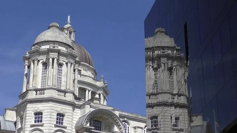 Liverpool Liver Building reflection deep blue sky Stock Footage 77270500