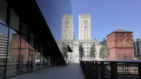 Liverpool old and new reflection in modern glass office block.mp4 Stock Footage 65382075