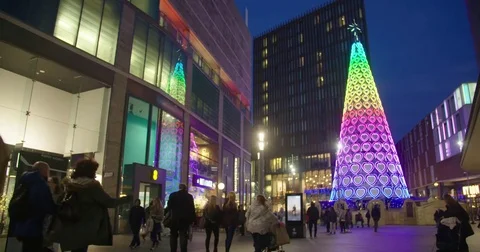 Liverpool ONE Christmas Tree (PAN Left to Right) - Liverpool, England - 4K Stock Footage 84474065