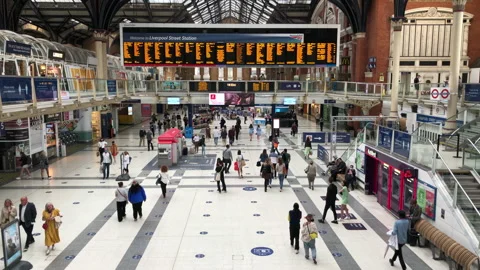 Liverpool Street Station, the concourse is busier following easing of lockdown. Stock Footage