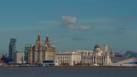Liverpools Three graces, static shot from across the River Mersey.mov Stock Footage 220333521