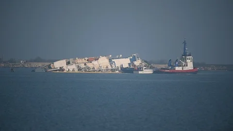 Livestock cargo ship is seen capsized near a harbor 스톡 동영상 122015283