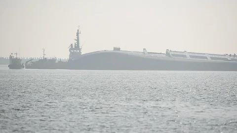 Livestock cargo ship is seen capsized near a harbor 스톡 동영상 122015349