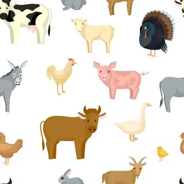 Livestock seamless pattern on white background. Farm birds and animals in the Stock Illustration