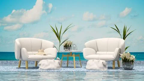 Living area on pool deck and sea view - 3D Rendering Stock Illustration