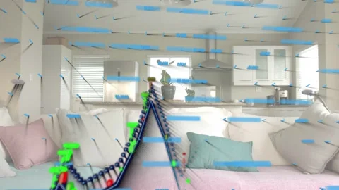 Living area receiving input, showing rising 3D paths over sofa, visualizing Stock Footage 332732486