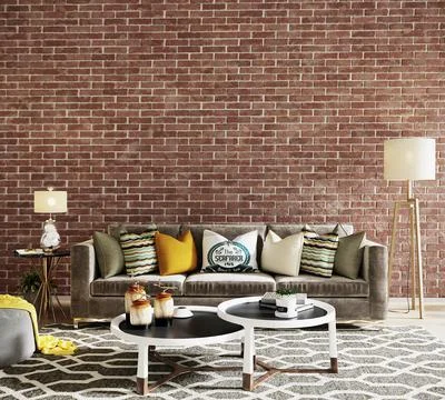 Living interior with sofa in front of the red brick wall , 3d render Stock Illustration