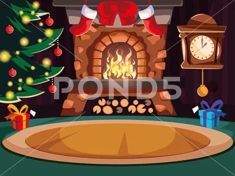 Living room with chimney and christmas decoration Stock Illustration