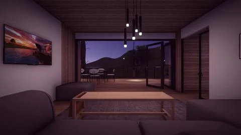Living room with coffee table with empty mockup photo frames in the night 3d Stock Illustration