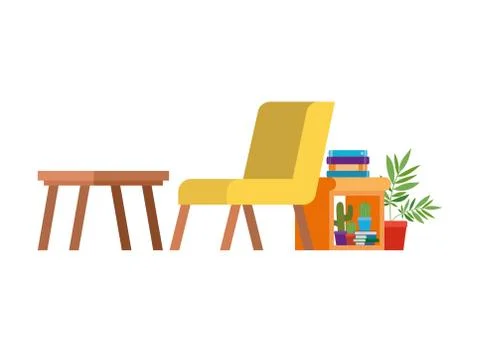Living room with couch and stack of books Stock Illustration