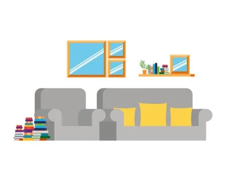 Living room with couch and stack of books イラスト素材
