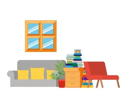 Living room with couch and stack of books 스톡 일러스트