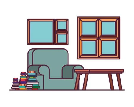 Living room with couch and stack of books 스톡 일러스트
