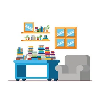 Living room with couch and stack of books 스톡 일러스트