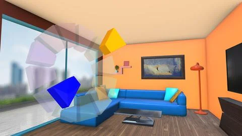 Living Room Design with Complementary Blue and Orange Palette Stock Illustration