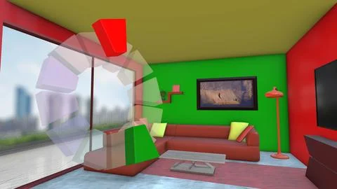 Living Room Design with Complementary green and red Palette Illustrazione stock