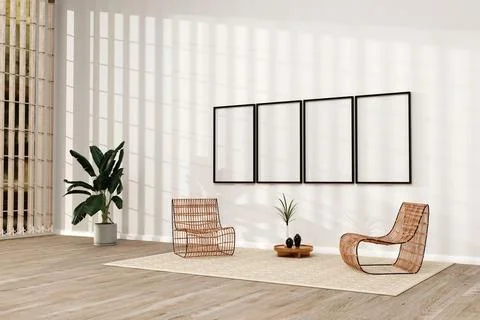 Living room design with empty frames mockup, two rattan chairs on white wal.. Foto stock