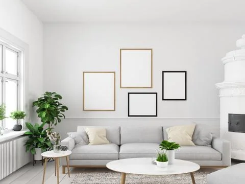 Living room with empty picture frames and fireplace. 3d rendering Stock Illustration