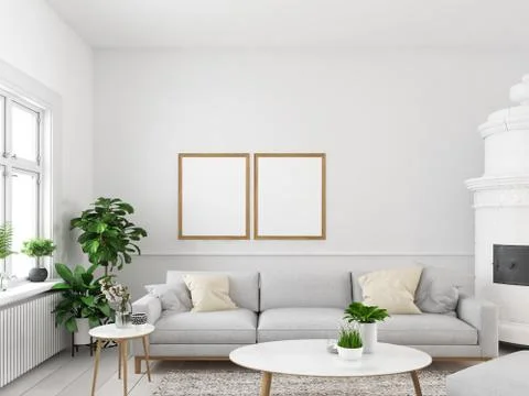 Living room with empty picture frames and fireplace. 3d rendering Stock Illustration