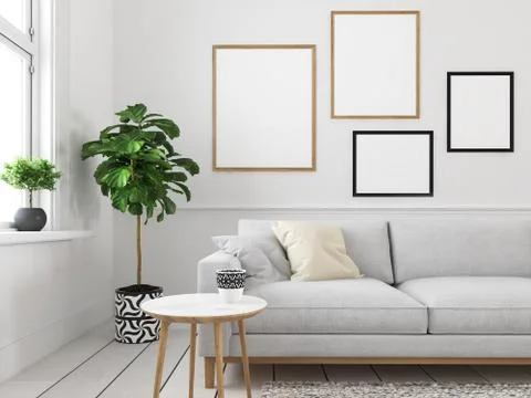 Living room with empty picture frames. 3d rendering Stock Illustration