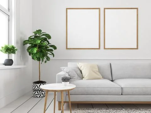 Living room with empty picture frames. 3d rendering Stock Illustration