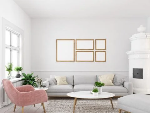 Living room with empty picture frames and fireplace. 3d rendering Stock Illustration
