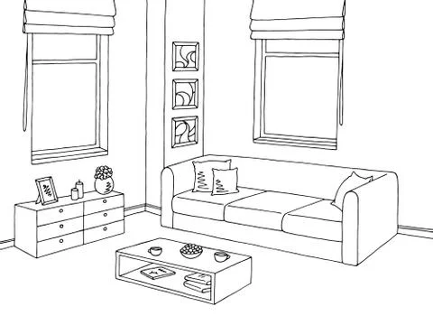 Living room graphic black white interior sketch illustration vector  Stock Illustration