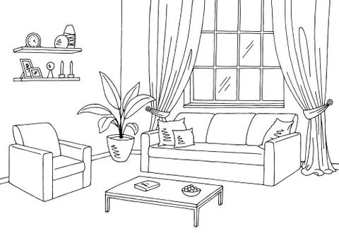 Living room graphic black white interior sketch illustration vector  Stock Illustration
