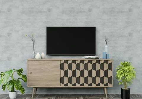 The living room has a storage table and a TV. Illustration