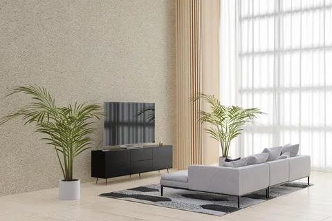 Living room with high ceiling window panel. 3d rendered illustration. Stock Illustration