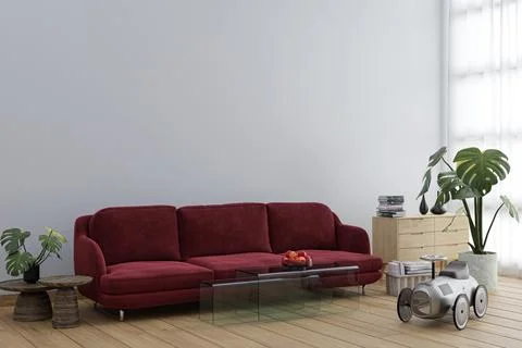 Living room with high ceiling window panel. 3d rendered illustration. Stock Illustration