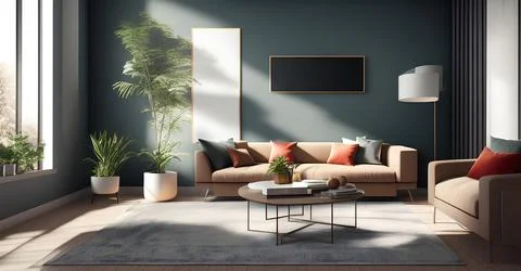Living room interior with beige sofa, pillows, table, poster, lamp and plan.. Stock Illustration