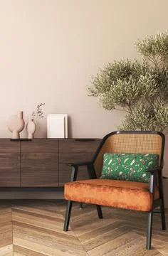 Living room interior with cabinet for tv or picture frame mock up. Ethnic 스톡 일러스트