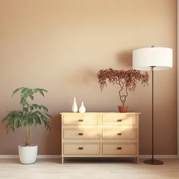 Living room interior with chest of drawers, plants and Stock Illustration