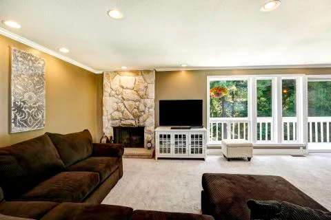 Living room interior with comfortable brown sofa Stock Photos