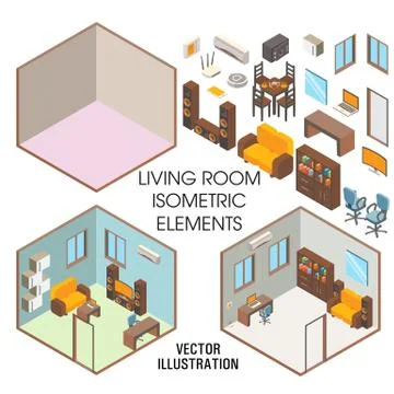 Living room interior constructor, vector flat isometric illustration Stock Illustration