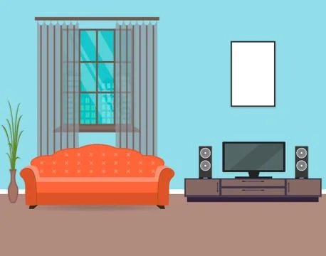 Living room interior design in flat style including furniture, tv, sofa, hous Stock Illustration
