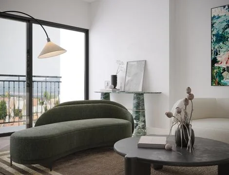 Living room interior design sideview of a latest and trendy design concept Stock-Illustration