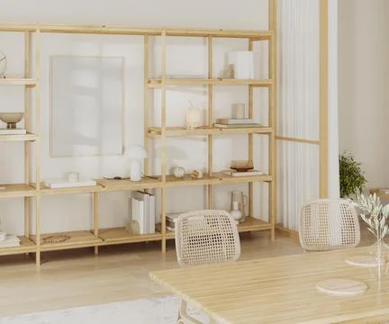 Living room interior with dining table, cupboard shelves with decor, blank po Stock Illustration
