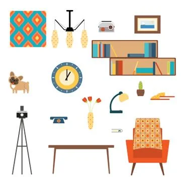 Living room interior elements collection with book shelves, pattern, vase, fl 스톡 일러스트