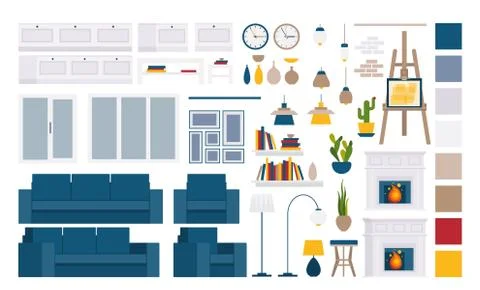 Living room interior elements, indoor objects Stock Illustration