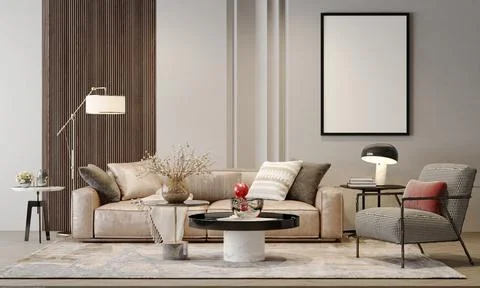 Living room interior  empty frame  mockup, modern furniture and decorative Stock Illustration