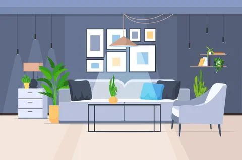 Living room interior empty no people home modern apartment design horizontal Illustrazione stock