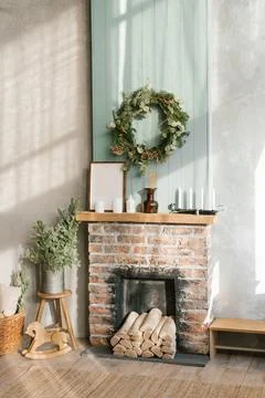 Living room interior with fireplace, Christmas tree and decor for Christmas a Stock Photos