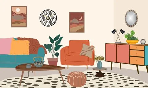 Living room interior Flat vector art illustration. Stock Illustration