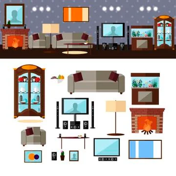 Living room interior with furniture. Vector illustration in flat style. Home Stock Illustration