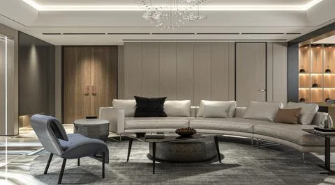 Living room interior gray theme Relaxing Living Room with White and Gray Fur Stock-Illustration