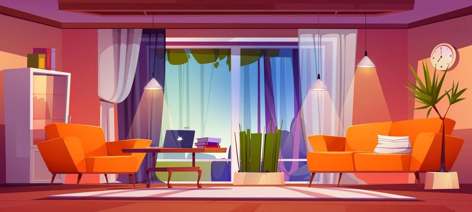 Living room interior with large panoramic windows Stock Illustration