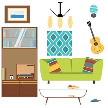 Living room interior objects collection with sofa, table, sleepers, cupboard, Stock Illustration