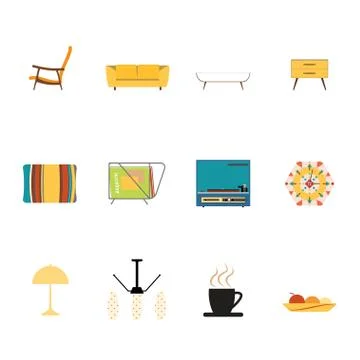 Living room interior objects collection with sofa, armchair, table, lamp, cap Stock Illustration